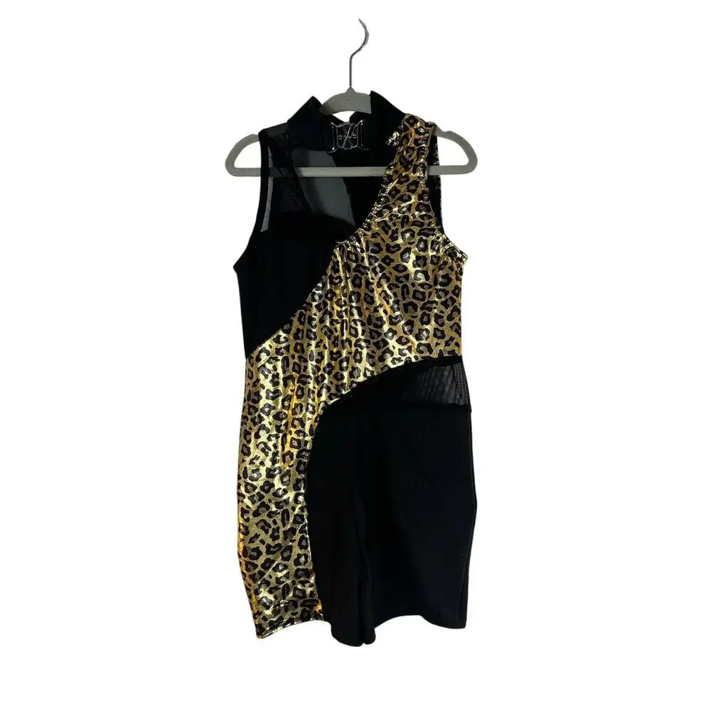 A WISH COME TRUE Girl’s Black/Gold Cheetah Print Dance Leotard / Size: MC Medium
